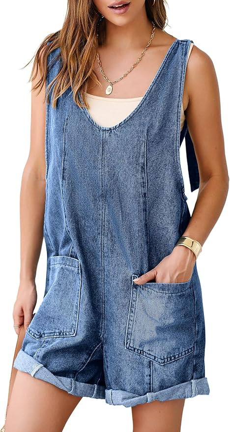 Simplee Womens Denim Romper 2025 Sleeveless Casual Jean Outfits V Neck High Roller Overall Shorts... | Amazon (US)