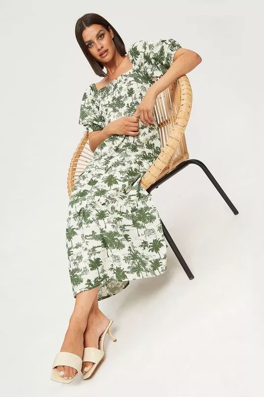 Buy Khaki Tropical Animal Shirred Midi Dress for GBP 15.00 | Dorothy Perkins UK | Dorothy Perkins (UK)