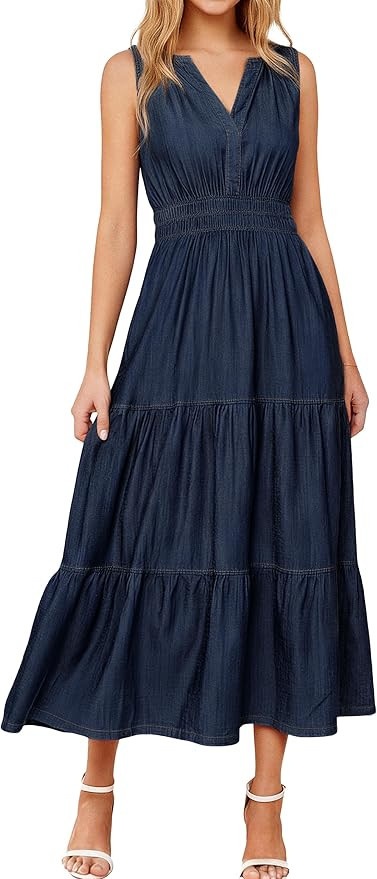 BerryGo Womens Denim Dress Sleeveless Jean Maxi Dress Empire Waist Flowy A Line Cowgirl Country S... | Amazon (US)
