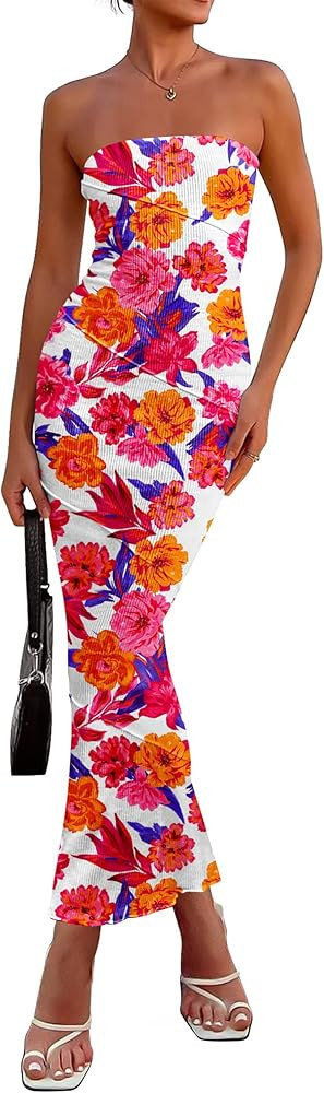 PRETTYGARDEN Women's 2025 Summer Floral Bodycon Maxi Dresses Ribbed Strapless Tube Casual Boho Pa... | Amazon (US)