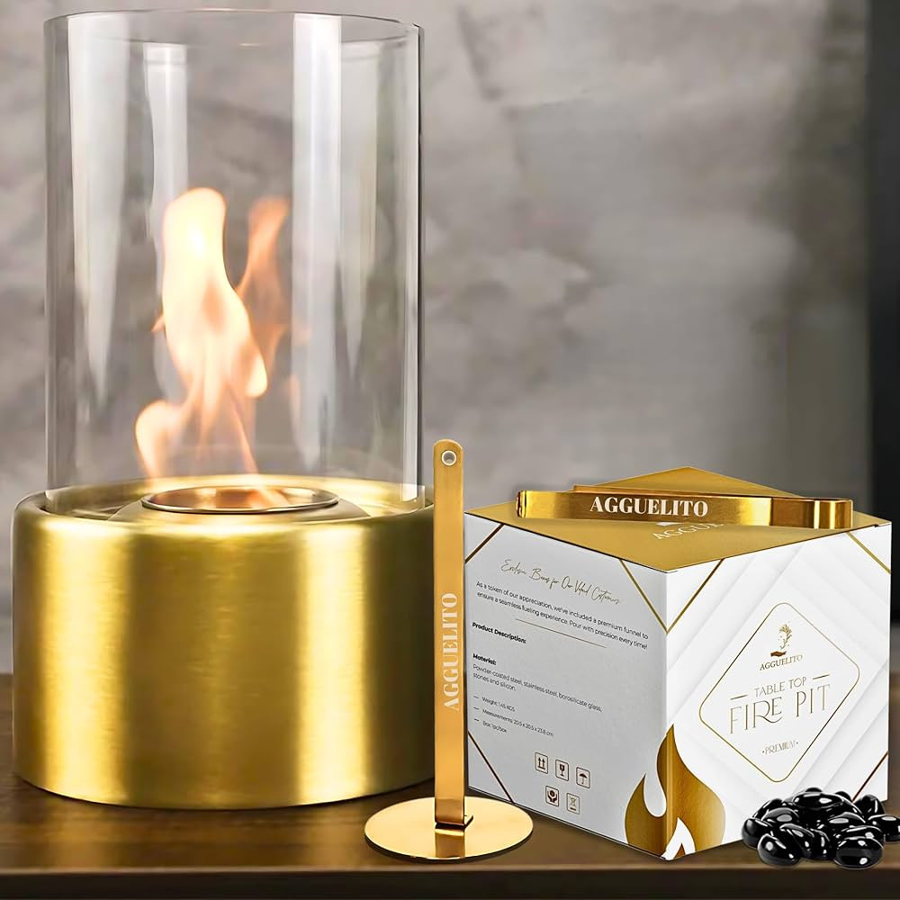 Indoor Fire Pit Tabletop : AGGUELITO 10" Gold Tabletop Fire Pit with Glass Rocks - Elegant Outdoo... | Amazon (US)