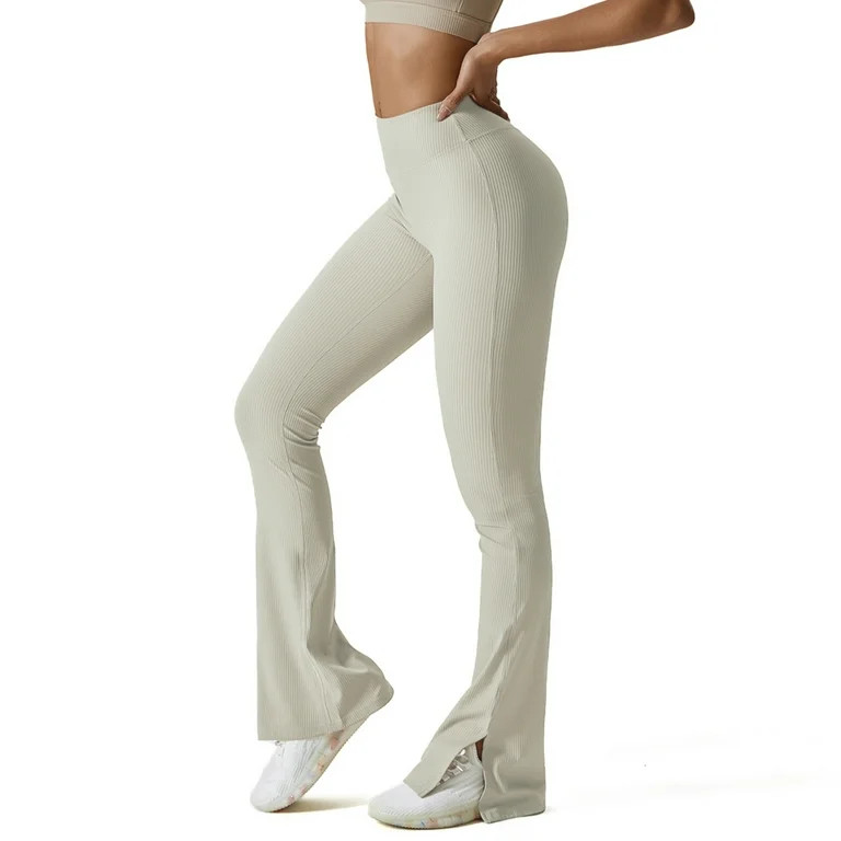 FITOP Womens Ribbed Flared Leggings Slit Hem High Waist Bootcut Yoga Pants Workout Bootleg Pants | Walmart (US)