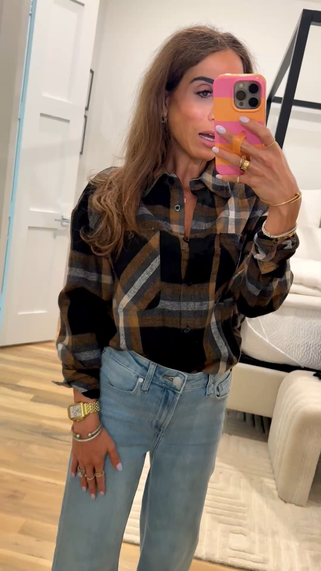 Fun fall flannel shirt in black yellow combo wearing size xs with wide leg under $50 wearing size 24