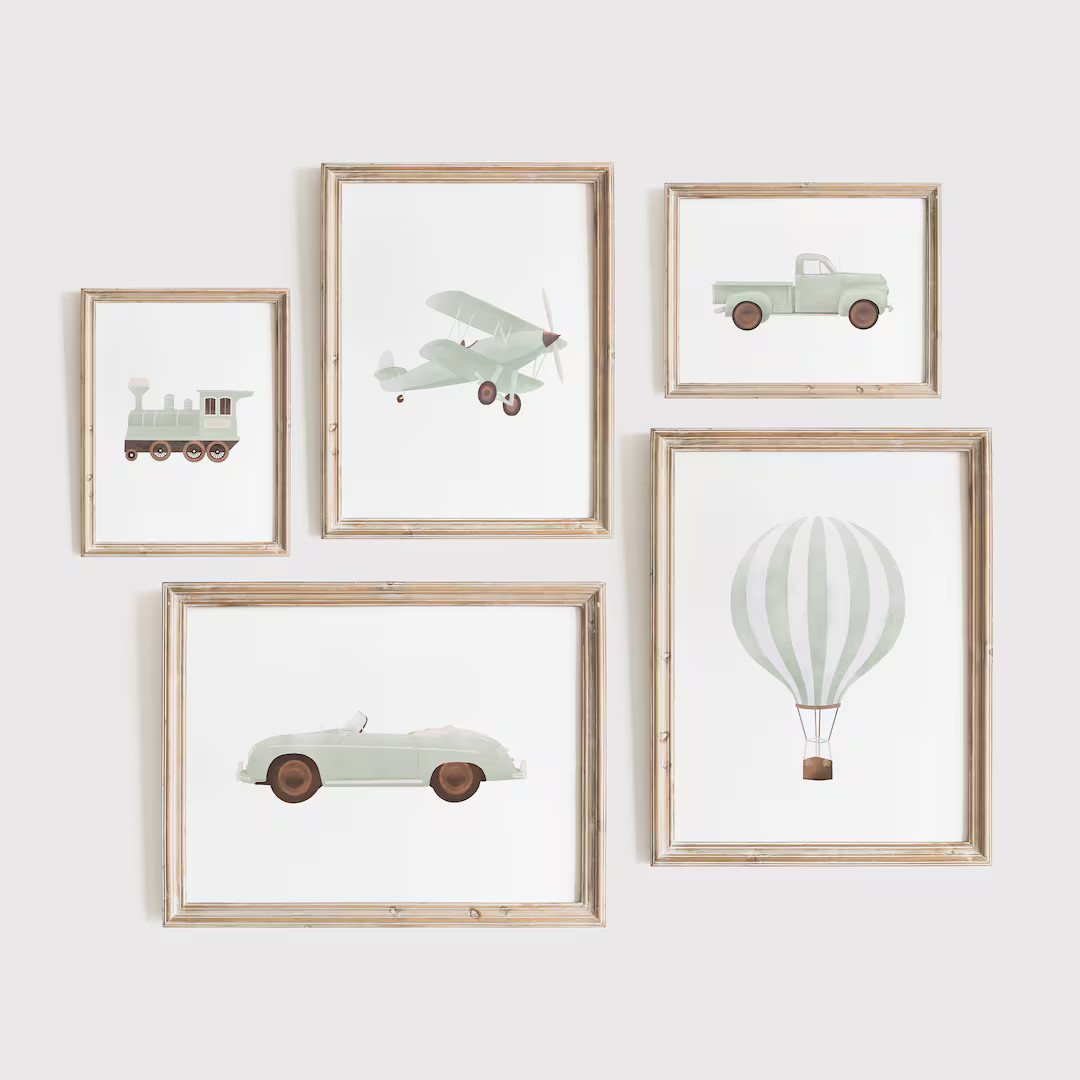 Green Vintage Travel Boy Nursery Wall Art, Printable Transportation Nursery Decor, Hot Air Balloo... | Etsy (US)