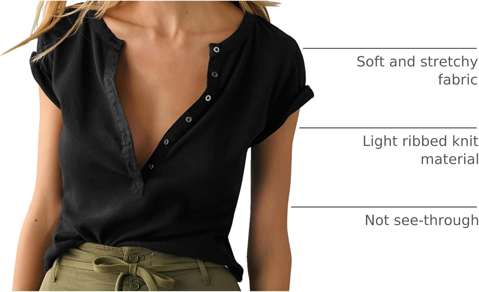 Tankaneo Women Deep V Neck Low Cut Tops Casual Ribbed Knit Henley T-Shirts Summer Short Sleeve Te... | Amazon (US)