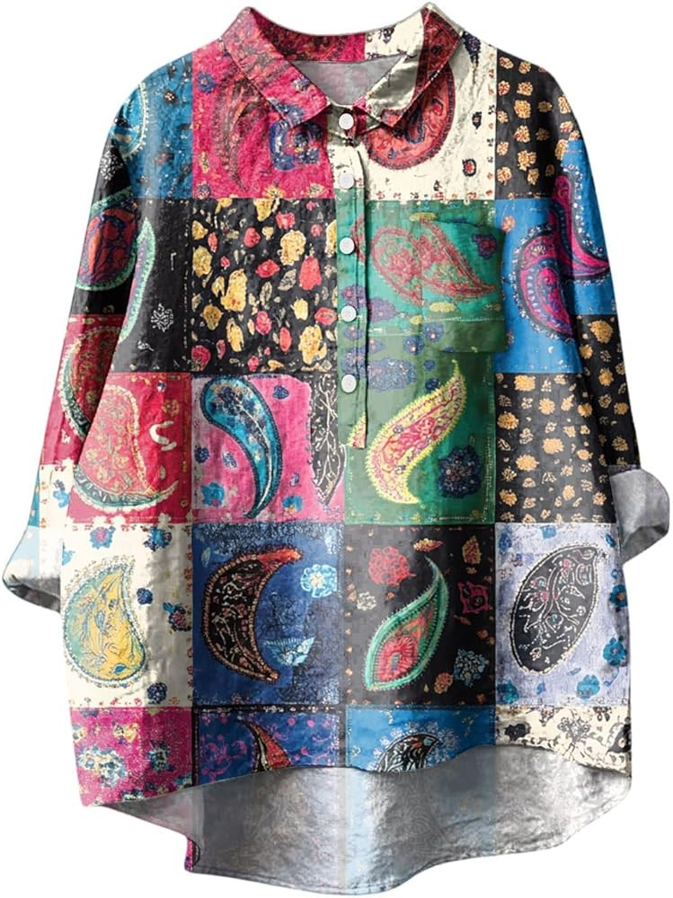 Womens Tops Dressy Casual Vintage Boho Retro Floral Print Tunic Blouses Long Sleeve Loose Fit Lap... | Amazon (US)