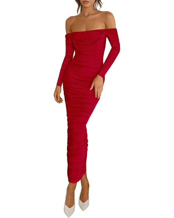 PRETTYGARDEN Womens 2026 Fall Long Sleeve Maxi Dress Off Shoulder Mesh Ruched Bodycon Trendy Long... | Amazon (US)