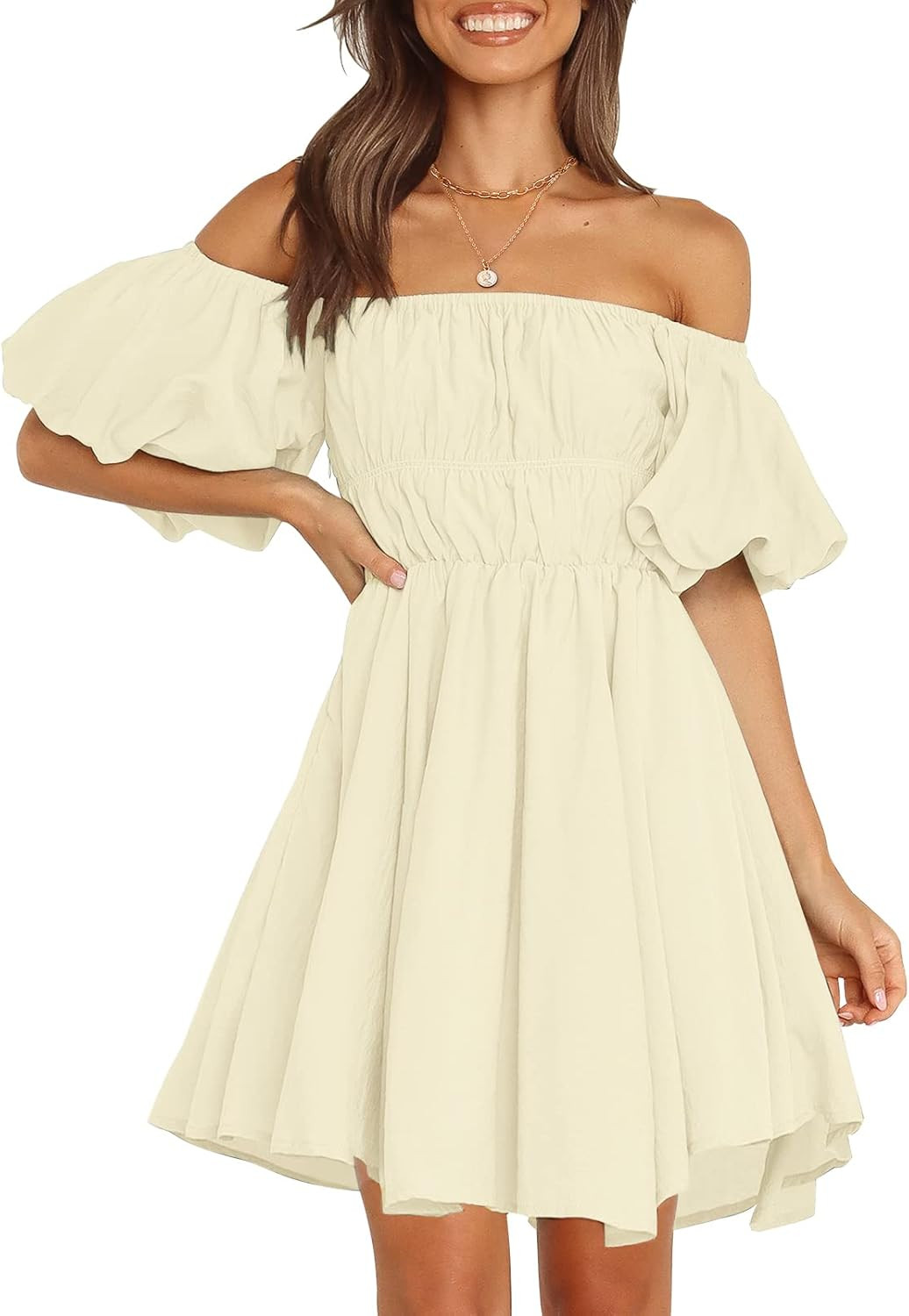 MEROKEETY Women's Puff Sleeve Off Shoulder A Line Dress Ruffle Shirred Summer Mini Dress with Poc... | Amazon (US)
