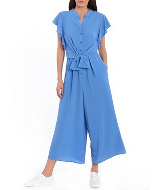 Ruffle Cap Sleeve Split V-Neck Tie Front Jumpsuit | Dillards