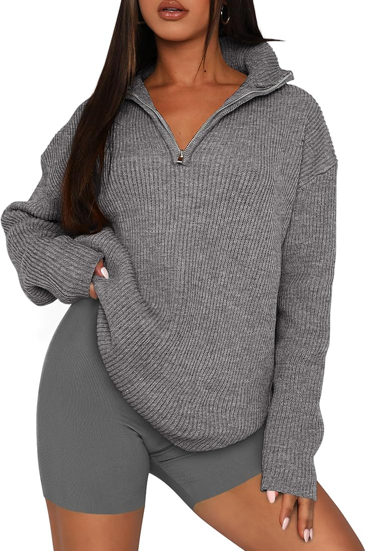 PRETTYGARDEN Women's 2024 Fall Chunky Knit Oversized Sweaters Long Sleeve Collared Quarter Zip Pu... | Amazon (US)