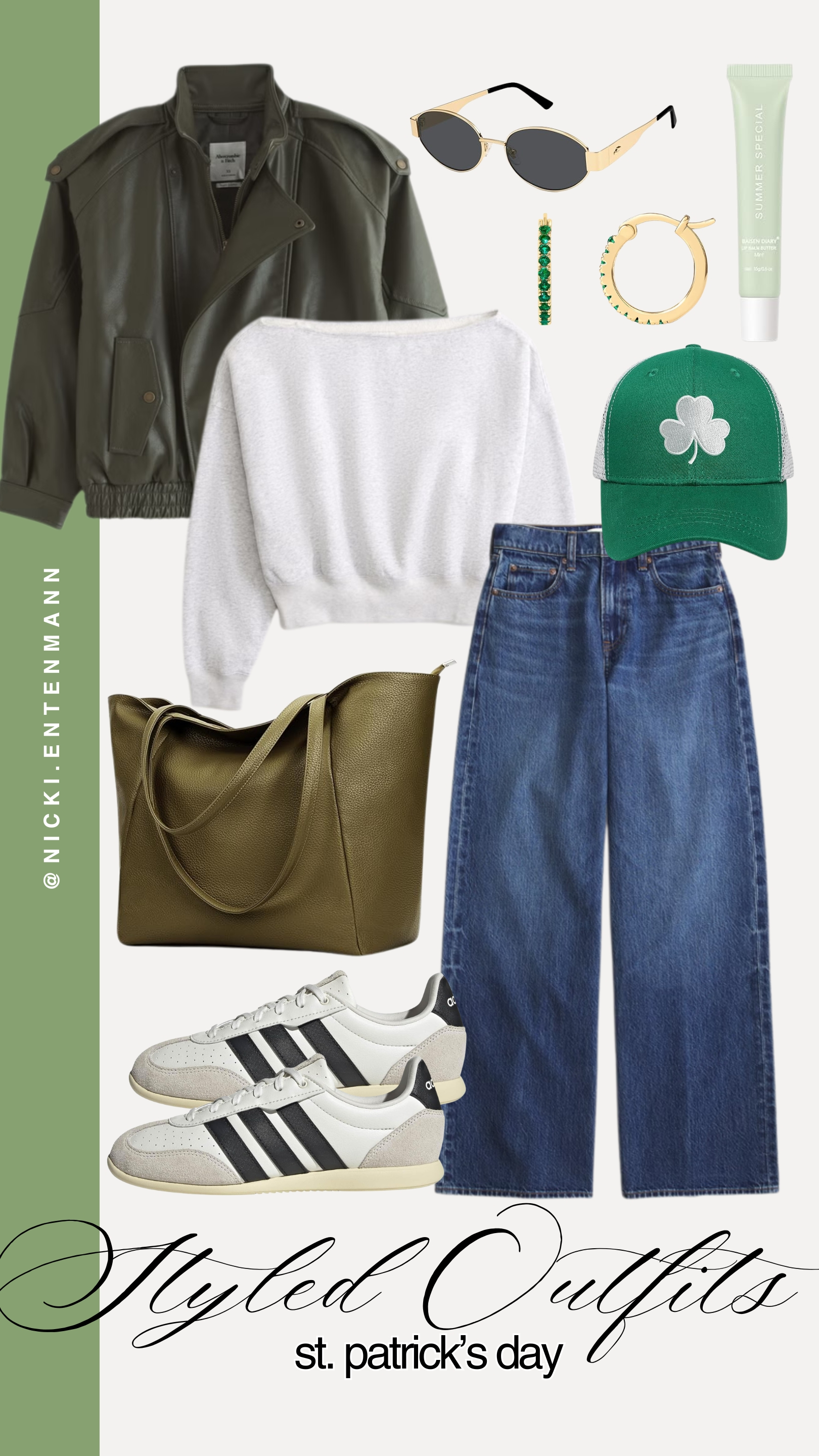 Ready to celebrate St. Patrick's Day in style? 🍀 This curated look combines effortless street style with the perfect pops of festive green. From a chic leather bomber to the essential shamrock cap, you will be pinch-proof and comfortable all day long. #StPatricksDayOutfit #StPattysDay #GreenOOTD #SpringStyle #StreetStyleInspo #AbercrombieStyle #AdidasSamba #FestiveFashion #StPatricksDay2026 #OutfitInspo 

 #LTKSpringSale #LTKgrwm #LTKootd
