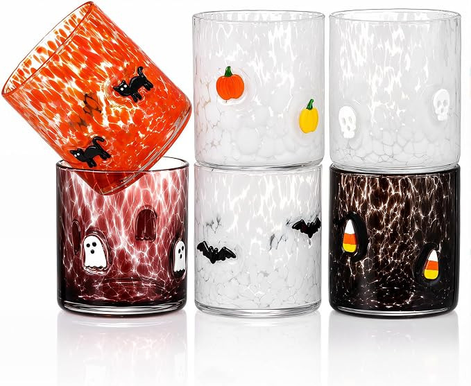 Reallnaive 6 Pcs Halloween Icon Juice Glasses Ghost Pumpkin Skull Bat Cat 14oz Icon Juice Glass D... | Amazon (US)