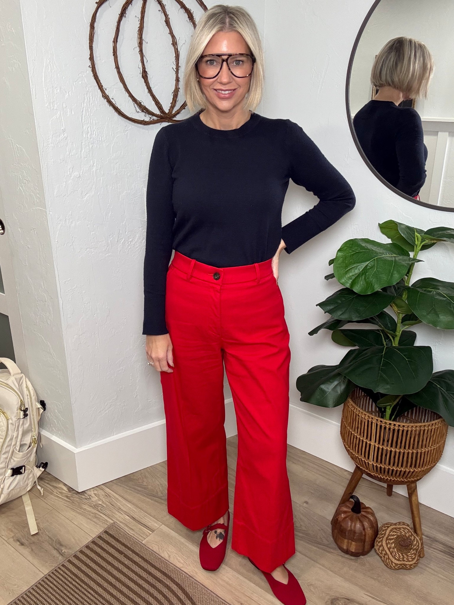 I love a good statement piece in an outfit and these Wide Leg Pants from Spanx are no exception. I’m wearing a medium. They’re still on sale for $49!! 

My top is from Free Assembly found at Walmart. It’s a nice light weight material and it’s available in other colors. I’m wearing a large. 

My shoes are from VIVAIA. And fit tts 

Workwear, office casual, red pants, blue top, fall outfit,  

#LTKWorkwear #LTKStyleTip #LTKFindsUnder50