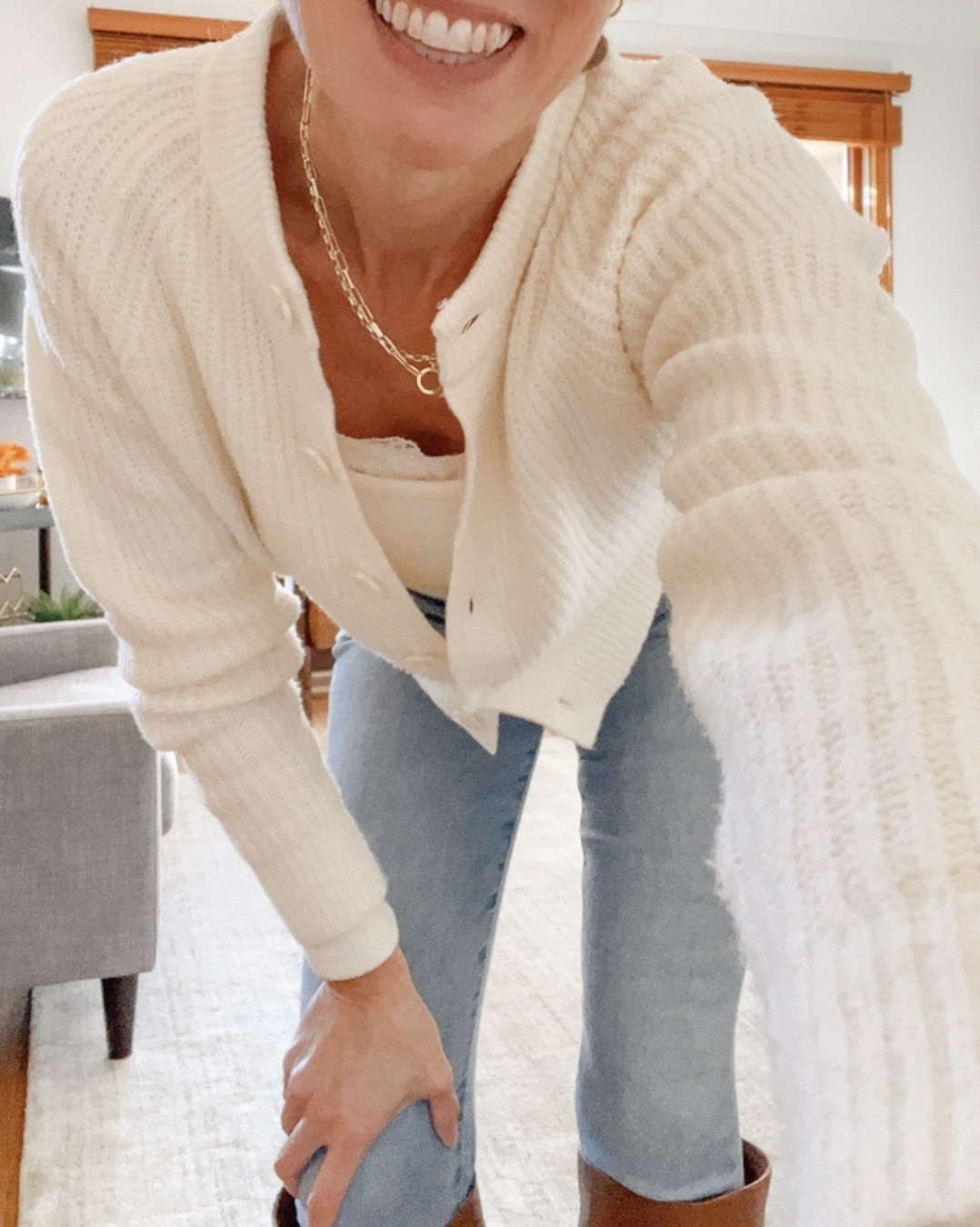 White cardigan with white long sleeve top and lace camisole - styled with gold Gorjana gold chain - Tall cognac leather boots and skinny jeans - thanksgiving day outfit #over40style #whitecardigan #giftideas #thanksgivingoutfit #skinnyjeans - skinny jeans with tall boots trend - how to style

#LTKOver40 #LTKFindsUnder100 #LTKootd