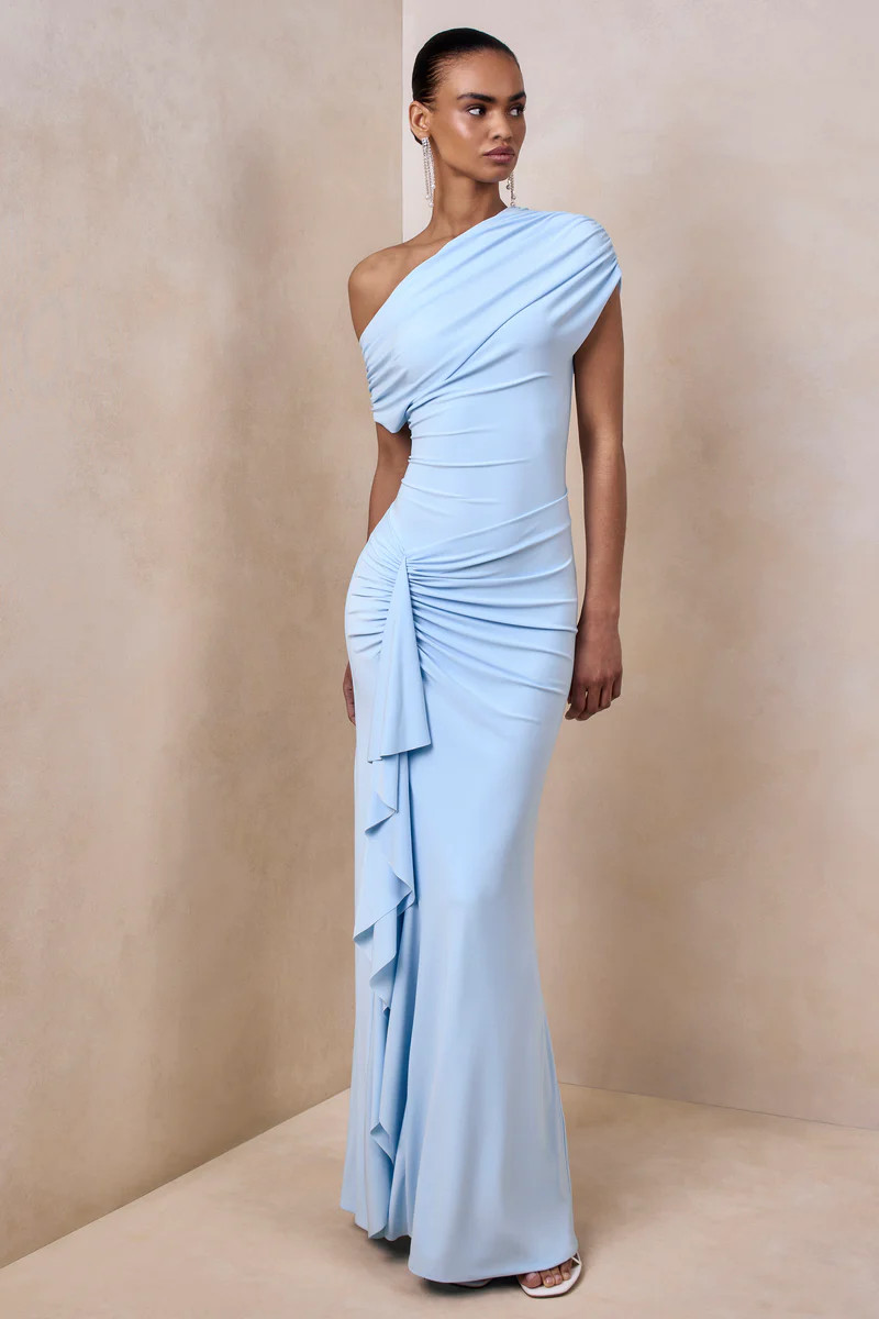 Siora | Powder Blue Asymmetric-Neck Maxi Dress With Draped-Detailing | Club L London