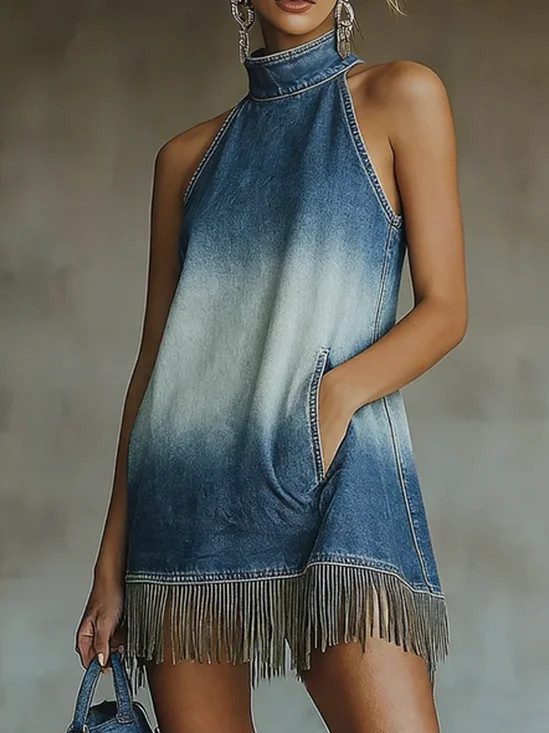 Casual Natural Denim Mini Dress Stand Collar Daily Wear | Stylewe
