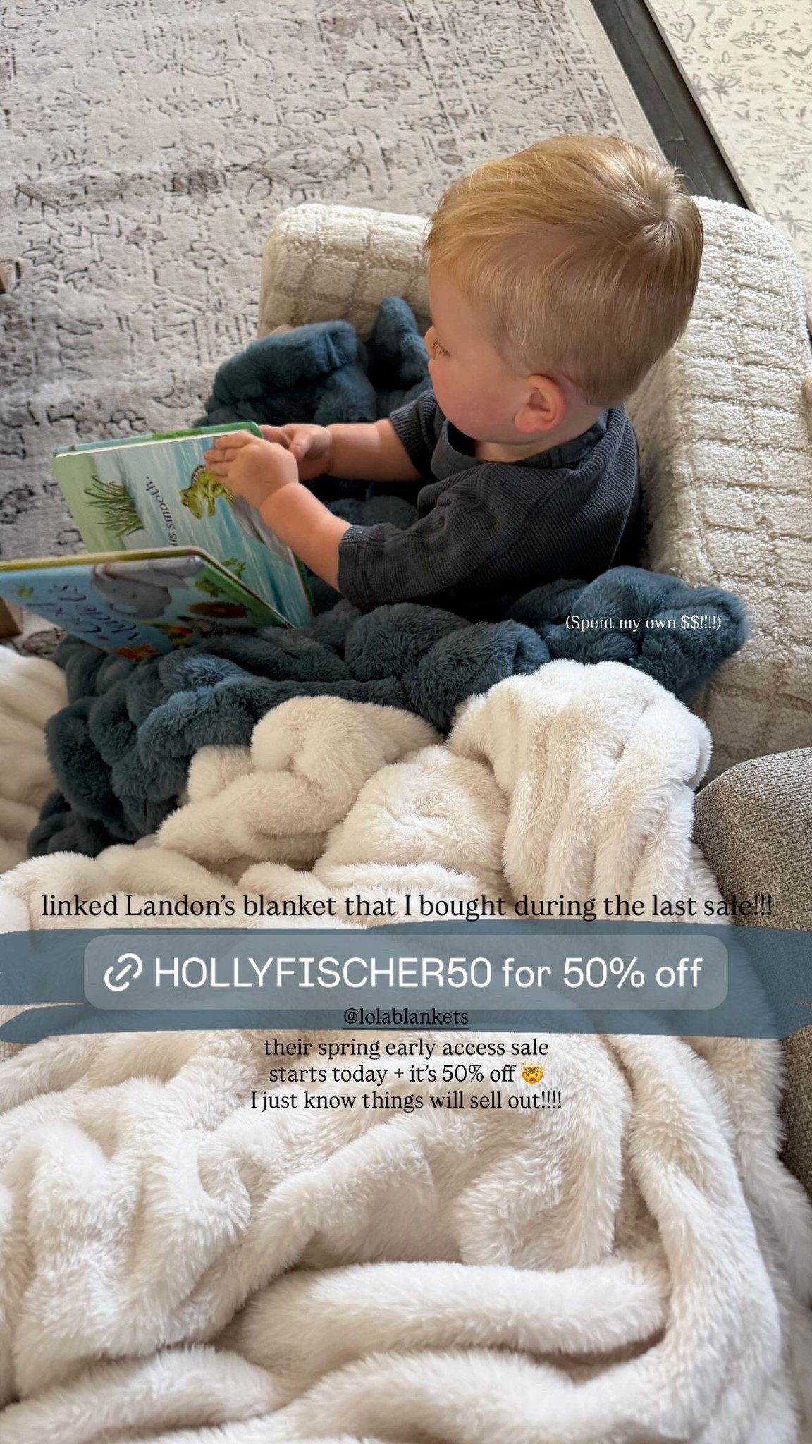 (Spent my own $$!!!!) linked Landon’s blanket that I bought during the last sale!!! their spring early access sale starts today + it’s 50% off 🤯 
I just know things will sell out!!!! @lolablankets