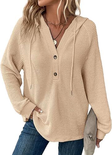 Dokotoo Hoodies for Women Waffle Knit Drawstring Button V Neck Long Sleeve Casual Pullover Sweats... | Amazon (US)