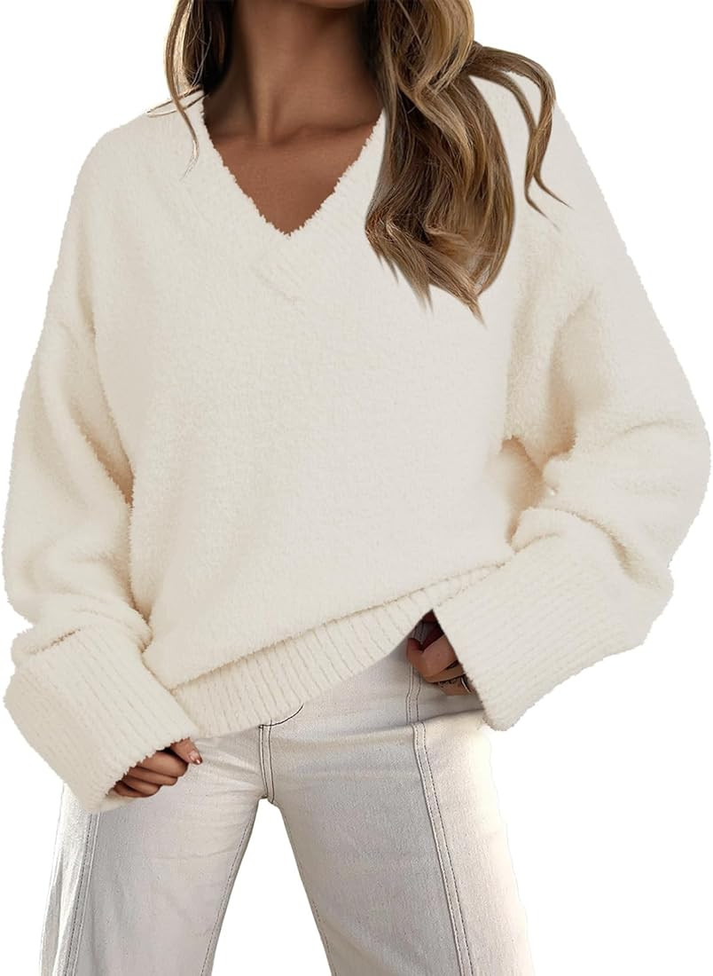 Vrtige Women's Oversized Sweater Fuzzy Chunky Knit V Neck Long Sleeve Warm Pullover Sweater | Amazon (US)