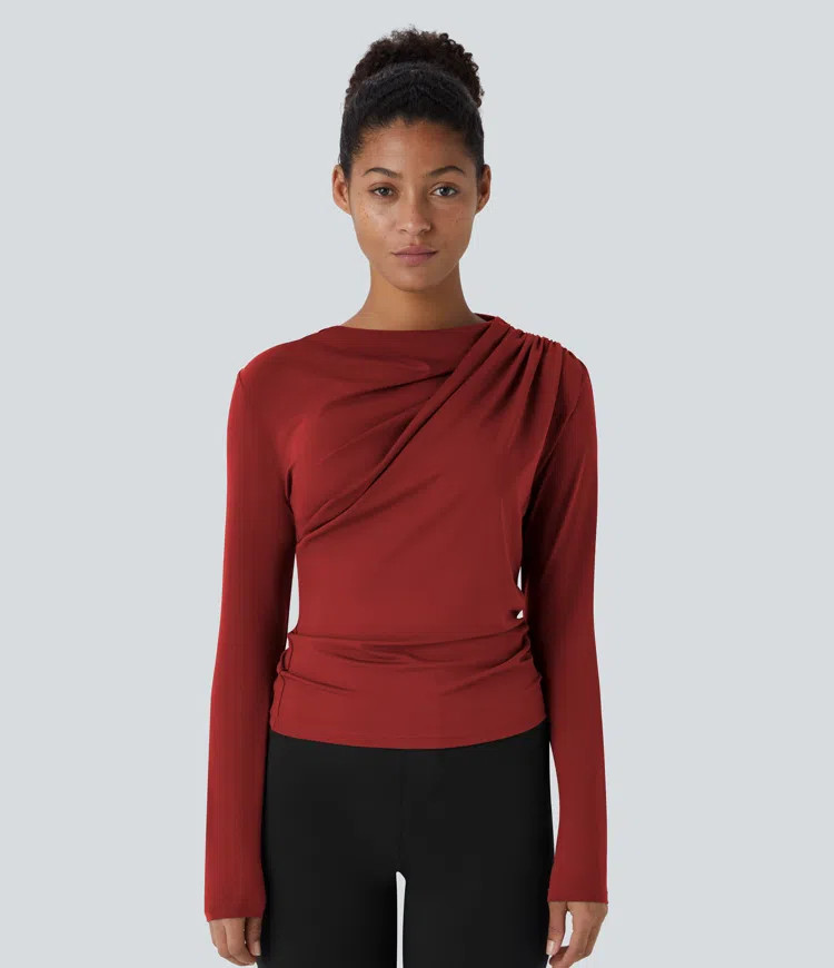 Women’s Cowl Neck Ruched Long Sleeve Slim Work Top - Halara | HALARA