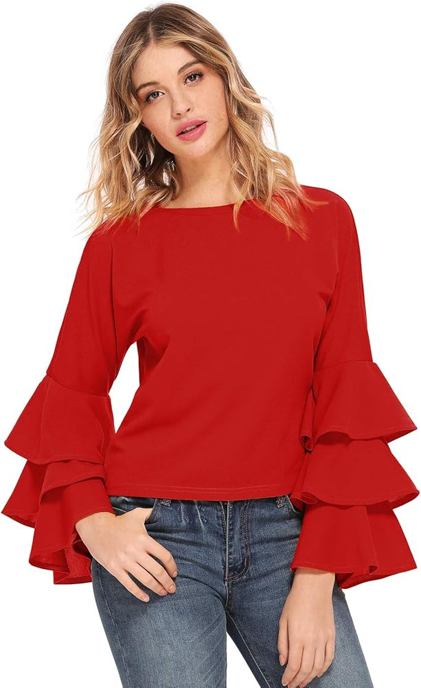 SheIn Women's Round Neck Ruffle Long Sleeve Blouse | Amazon (US)