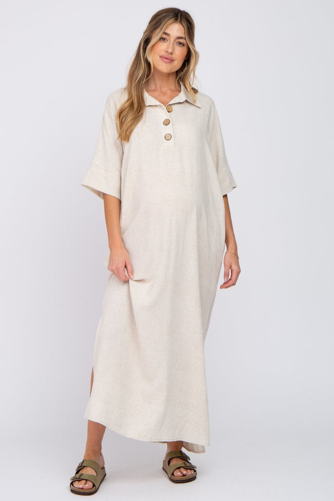 Beige Collared Linen Maternity Maxi Dress | PinkBlush Maternity