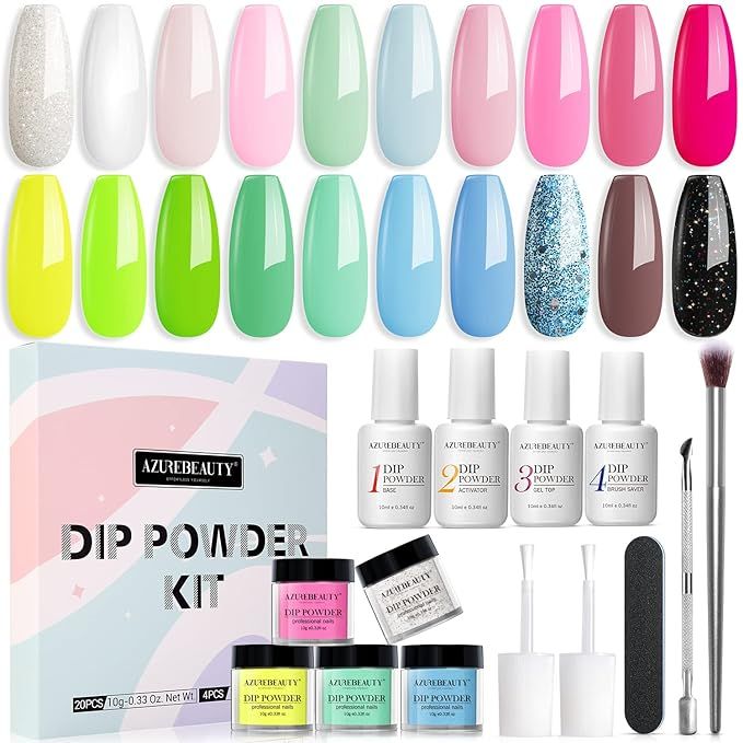 20 Colors Dip Powder Nail Kit Starter, AZUREBEAUTY Bright Summer Blue Pink Glitter Acrylic Dippin... | Amazon (US)