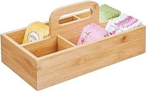 mDesign Bamboo Wood Compact Tea Storage Organizer Caddy Tote Bin - 6 Divided Sections, Attached H... | Amazon (US)