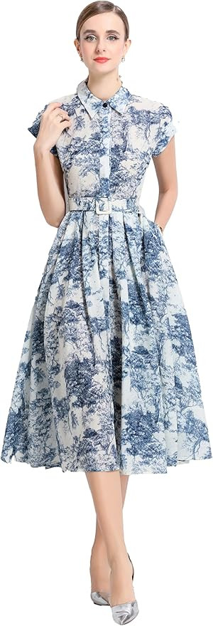 LAI MENG FIVE CATS Women's Short Sleeves Collar Shirt Printed Buttons Casual Midi Dress with Belt | Amazon (US)