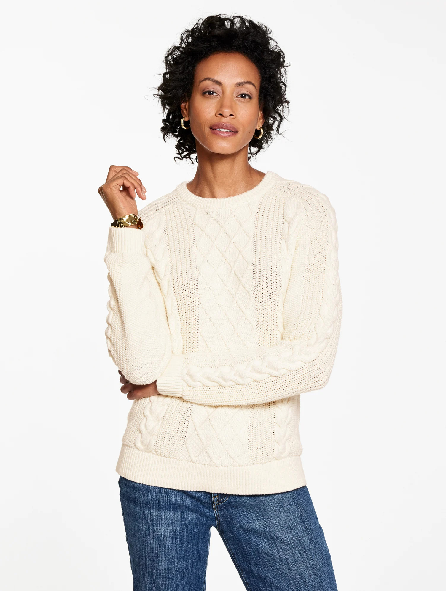 Cable Knit Crewneck Sweater - Ivory - Medium - 100% Cotton Talbots | Talbots