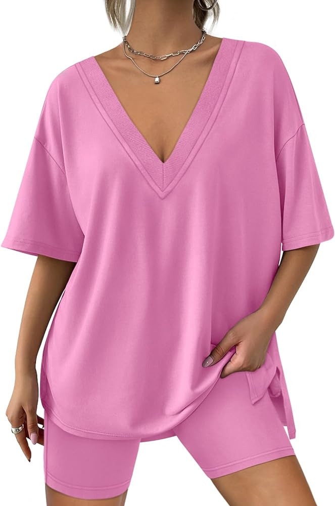 AUTOMET Womens 2 Piece Sets Summer Outfits Reversible Oversized T Shirts Tops Biker Shorts Lounge... | Amazon (US)