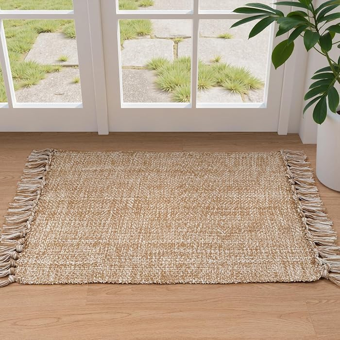 Collive Small Bathroom Rug, 2' x 3' Hand-Woven Low Profile Front Entryway Rug, Tan Cotton Reversi... | Amazon (US)