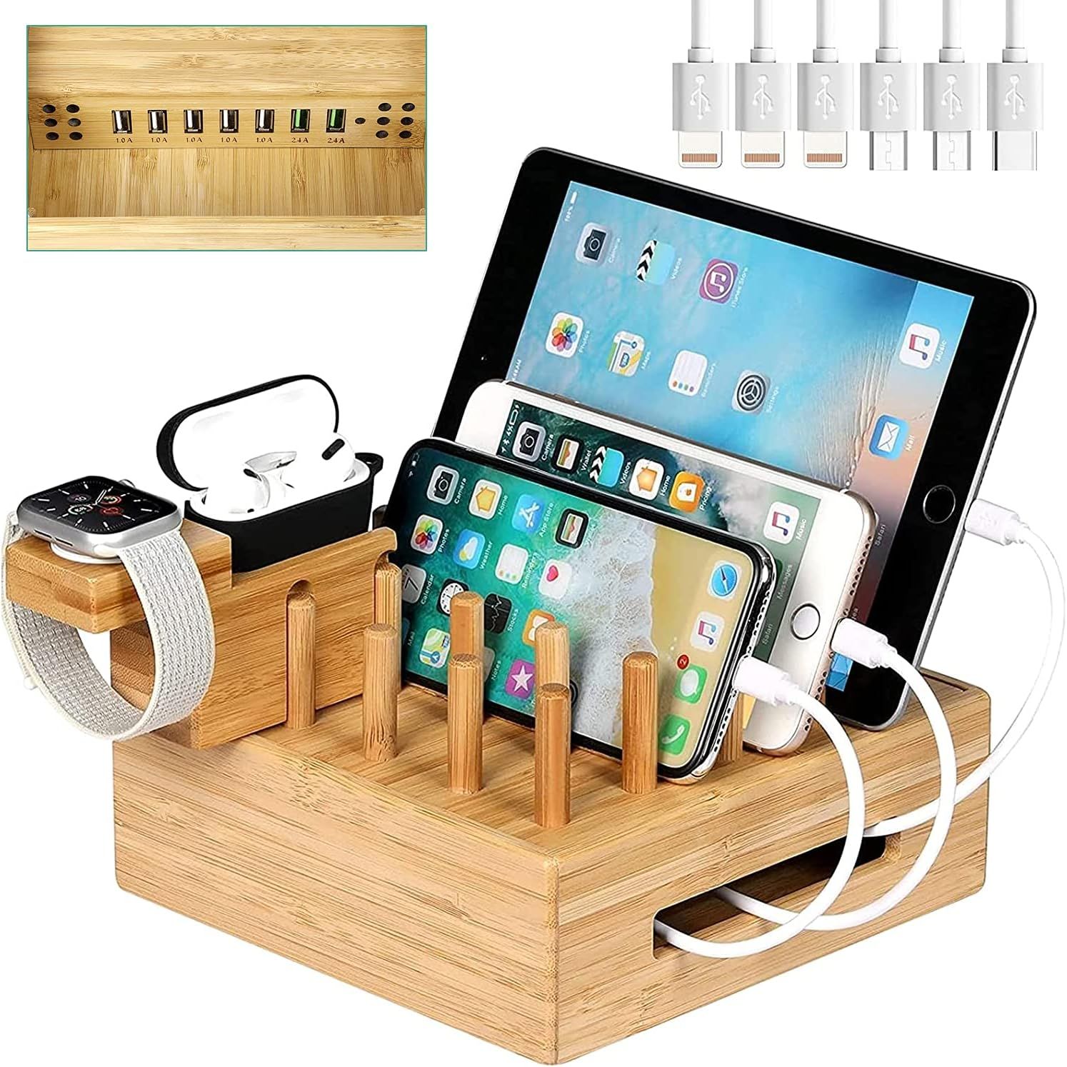 Bamboo Charging Station for Multiple Devices - Darfoo Charging Dock with a Stand iWatch-Airpod Pr... | Amazon (US)