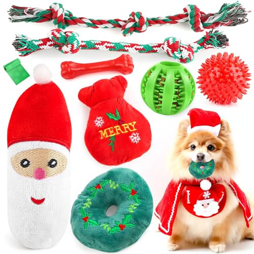 HOHOM Christmas Dog Toys, 9 Pack Luxury Puppy Chew Toy, Cotton Squeaky Plush Toys for Small Dogs, Durable Interactive Rope Treat Dog Ball and Bones, Rubber Teething Toys for Puppies Dogs | Amazon (US)