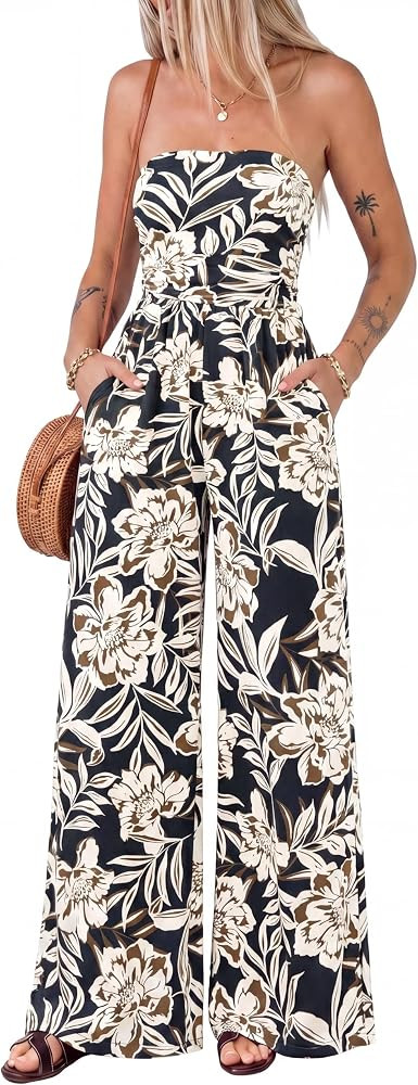 BTFBM Jumpsuits For Women Casual 2026 Floral Strapless Jumpsuit Wide Leg Rompers Beach Vacation C... | Amazon (US)