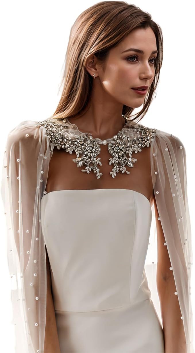 Wedding Shawl Pearls and Rhinestone Capes Soft Tulle Bridal Scarf Evening Shawl Wedding Wraps | Amazon (US)