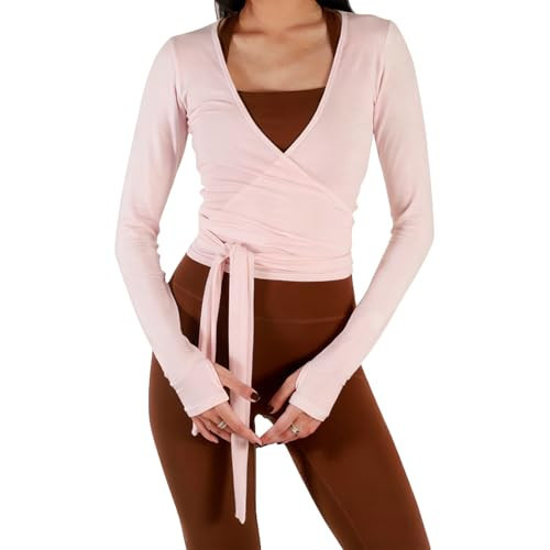 VFURYGD Women's Ballet Wrap Tops V Neck Long Sleeve Self Tie Slim Fit Workout Pilates Yoga Tops Dance Shirt (Pink, M) | Amazon (US)
