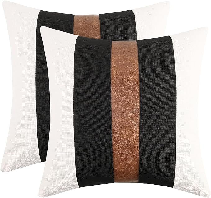 JASEN Set of 2 Faux Leather and Linen Throw Pillow Covers 18x18 Inch Black and White Modern Farmh... | Amazon (US)
