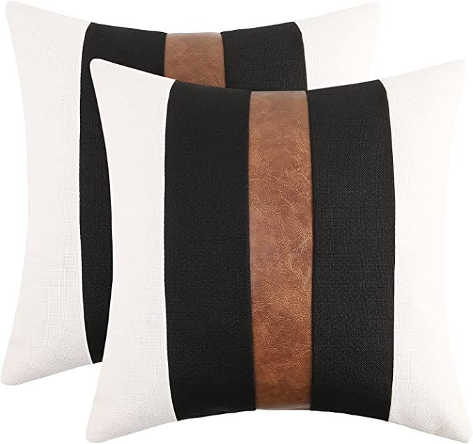 JASEN Set of 2 Faux Leather and Linen Throw Pillow Covers 20x20 Inch Black and White Modern Farmh... | Amazon (US)