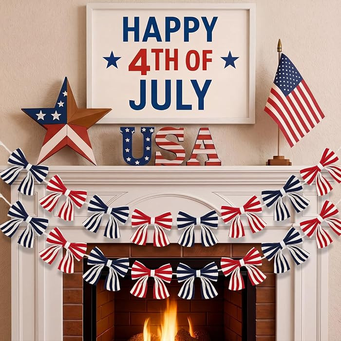 2 Pcs 4th of July Decorations 6 Ft Patriotic Bow Garland for Mantel Patriotic Bows Garland Banner... | Amazon (US)