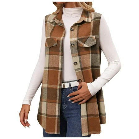 Juosiy Women Fashion Slim-Fit Plaid Outwear Vest Early Fall Thin Sleeveless Lapel Mid-Length Tank Tops | Walmart (US)