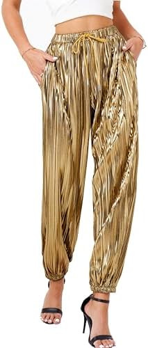 heipeiwa Women's Metallic Pleated Sequin Shiny Joggers Pants Party Club Wear Sweatpant Trouser | Amazon (US)