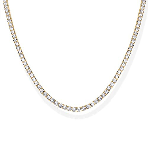 PAVOI 14K Yellow Gold Plated 3mm Simulated Diamond Tennis Necklace – Chunky Long Necklace for Women – Size 18" | Amazon (US)