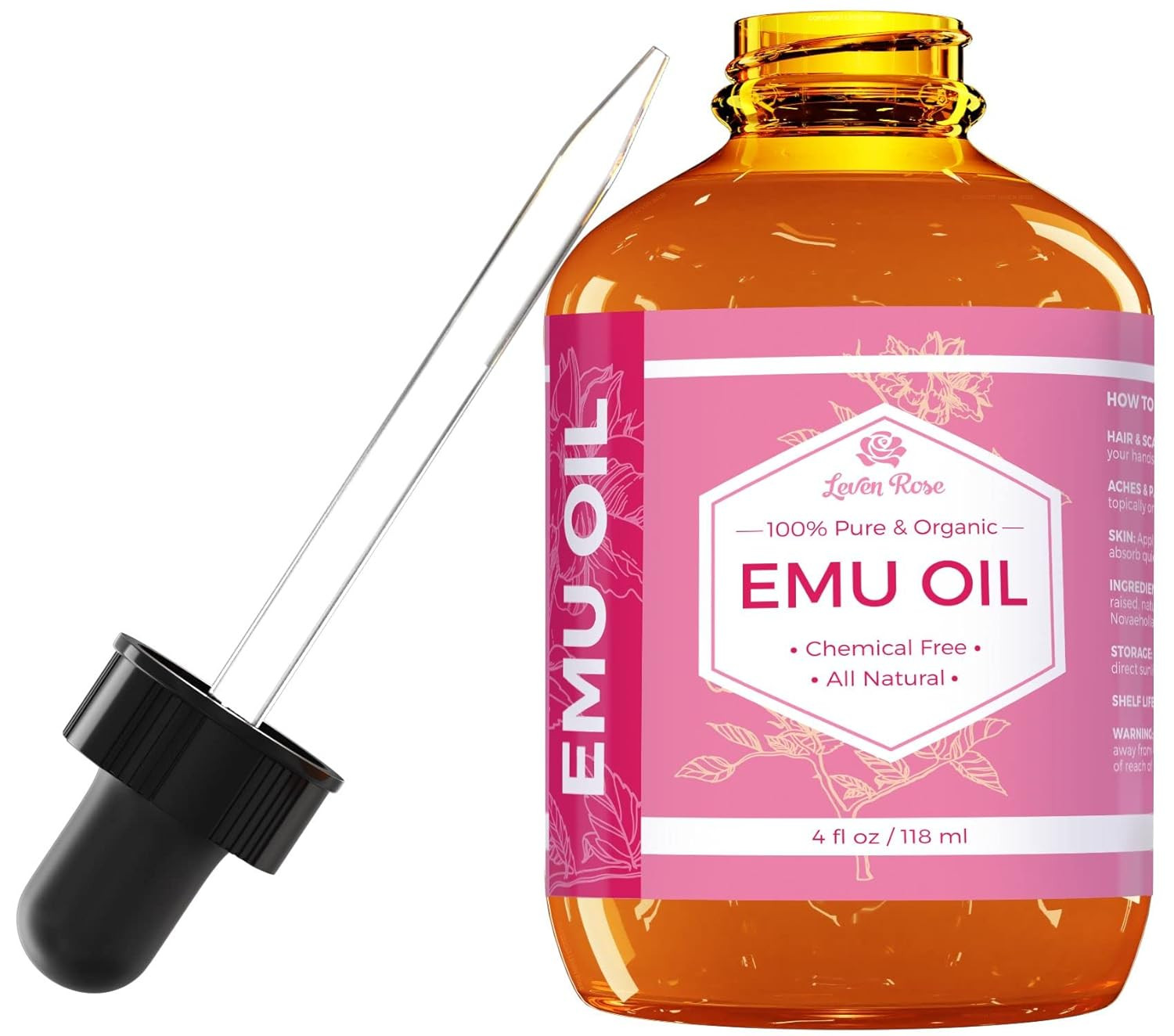 Leven Rose Emu Oil, 100% Pure Natural Hair Strengthener Anti Aging Skin Moisturizer 4 oz | Amazon (US)