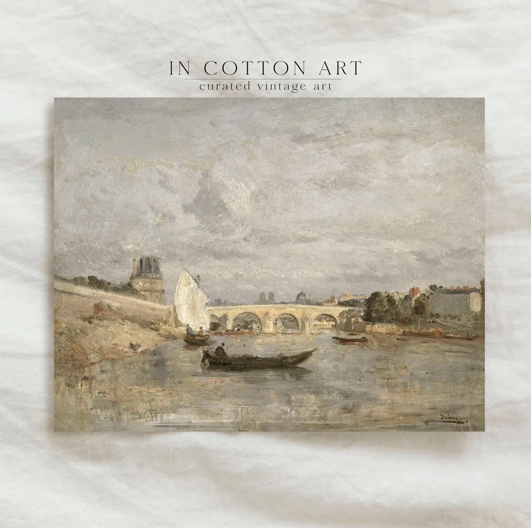 European Nautical Oil Painting / Vintage Ship Art Print / Neutral Harbor Painting Digital PRINTAB... | Etsy (US)