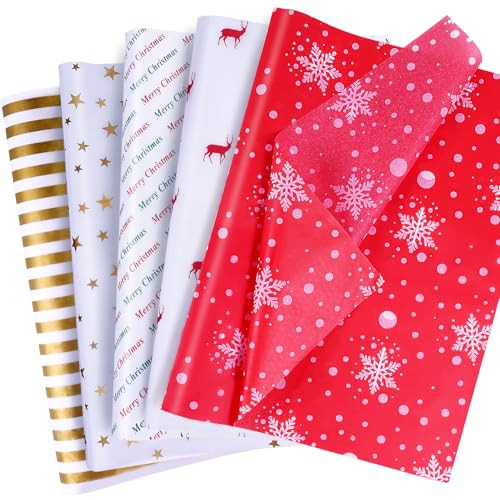 Christmas Tissue Paper Bulk, 100 Sheets Christmas Tissue Paper for Gift Bags - Snowflake Reindeer Star Design, Red Green and Gold Gift Wrap Tissue for Xmas Holiday Party Decor DIY Crafts, 14×20 Inch | Amazon (US)