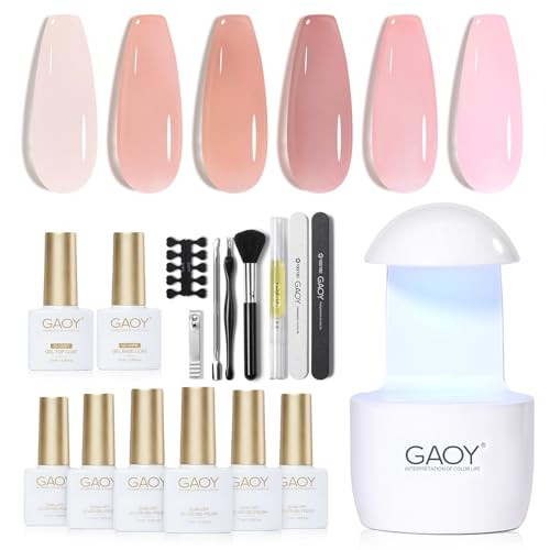 GAOY Gel Nail Polish Kit with UV Light for Beginners, 6 Colors Jelly Nude Pink Sheer Gel Polish, Gel Nail Kit with Top Coat and Base Coat for DIY gel manicure at Home | Amazon (US)