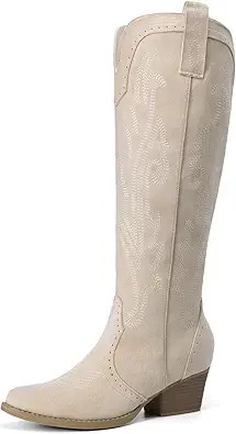 DREAM PAIRS Womens Cowboy Knee High Boots Comfortable Pull On Side Zipper Chunky Heel Embroidered... | Amazon (US)