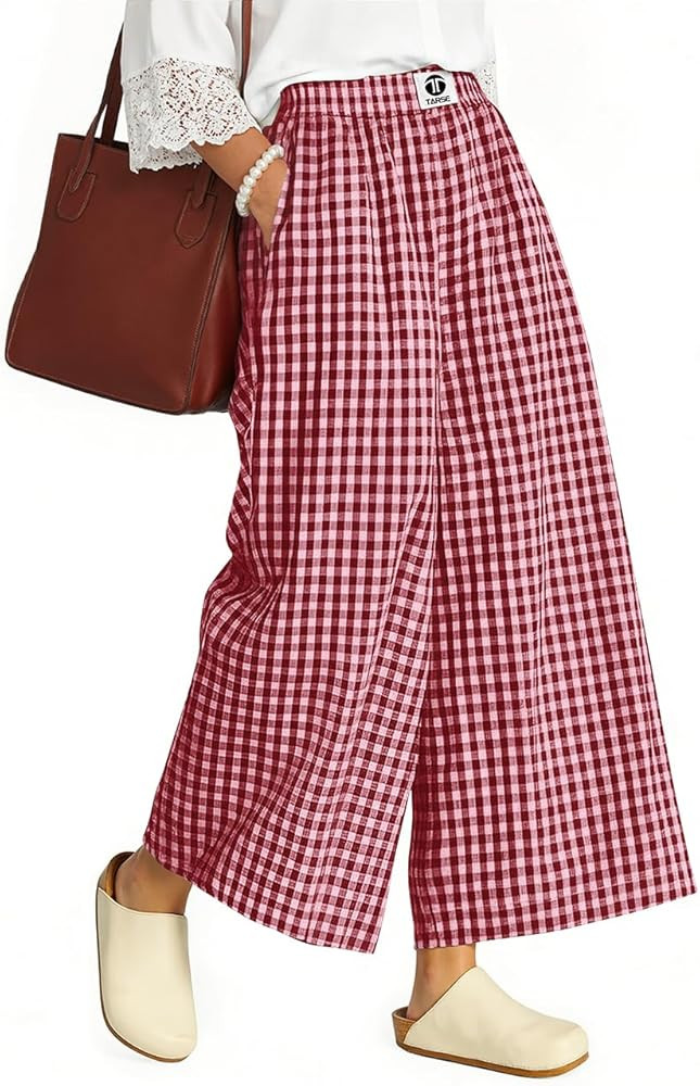 TARSE Womens Gingham Wide Leg Cropped Pants Casual Loose Plaid Culottes Elastic Waist Palazzo Pan... | Amazon (US)