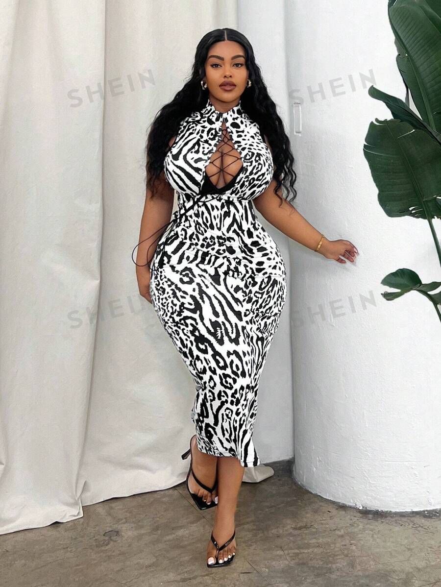 SHEIN Slayr Plus Size Women's Slim Fit Leopard Print Dress With Front Tie Design | SHEIN